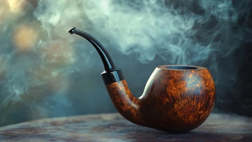 Curved briar tobacco pipe with swirling smoke plume.