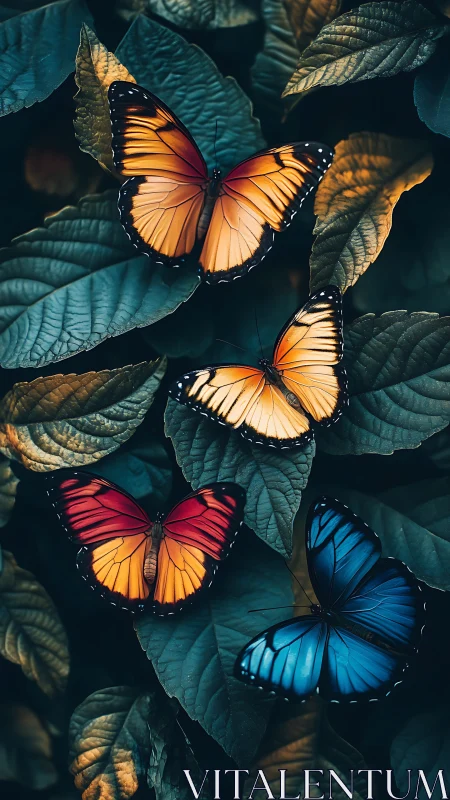 Bright butterflies rest softly on deep emerald garden leaves