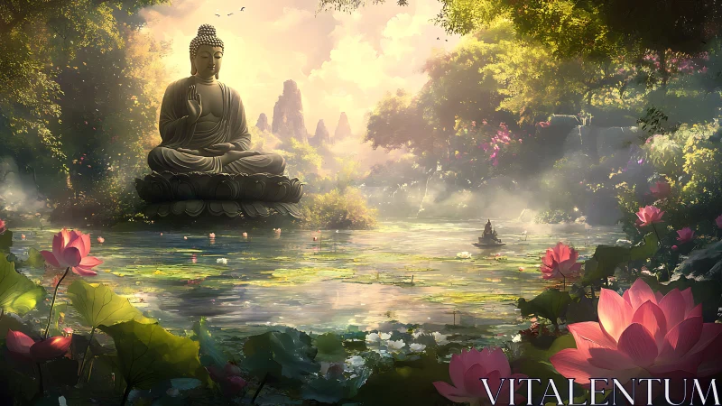 Serene Buddha statue overlooks a misty lotus forest pond.