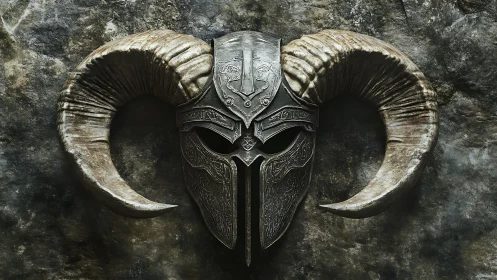 Engraved horned battle helmet rendered in gritty photorealism
