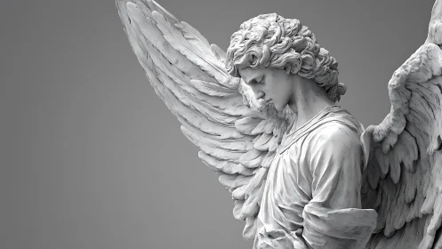 Marble angel statue with folded wings in grayscale profile.