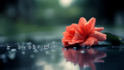 Single coral flower with raindrops on reflective wet surface.