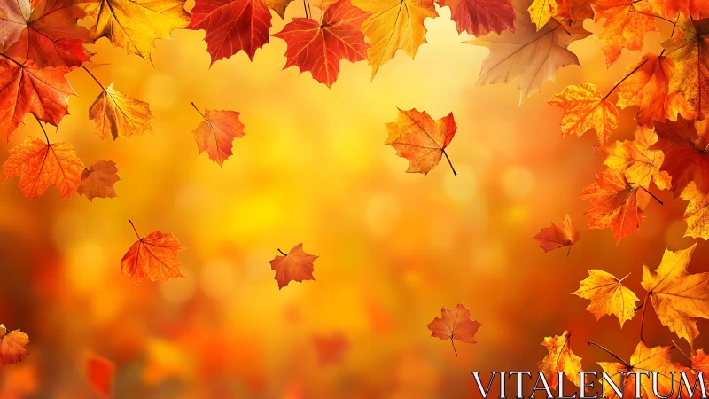 Falling autumn maple leaves move across bright golden background.