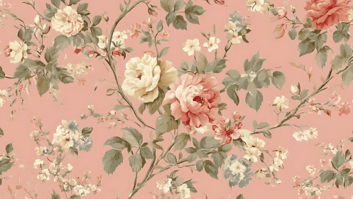 Vintage floral pattern on muted blush rose background.