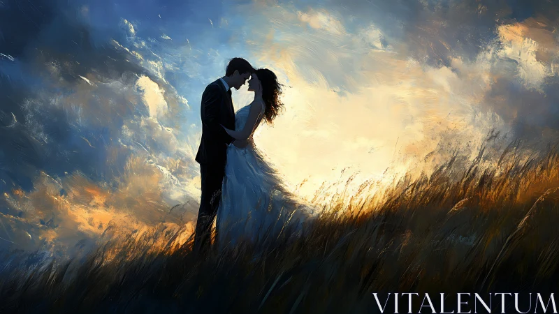 Romantic Couple Kiss in Golden Wheat Field Under Dramatic Sky.