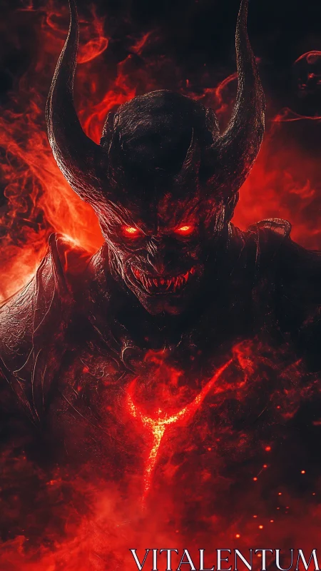 Horned infernal demon rises from searing crimson flames