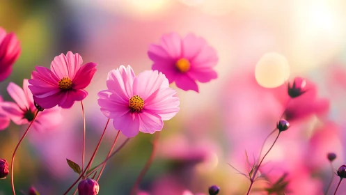 Pink Cosmos Flowers Bloom in Dreamy Garden Light