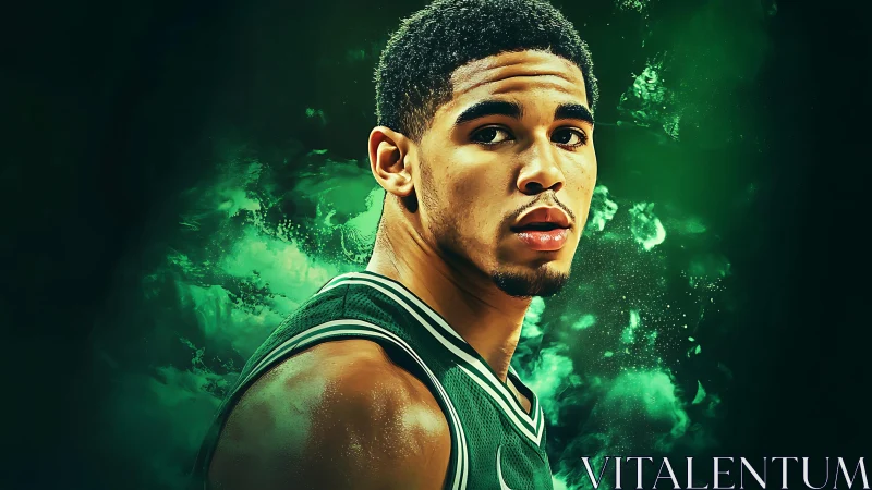 Emerald court storm: focused basketball star in green haze.