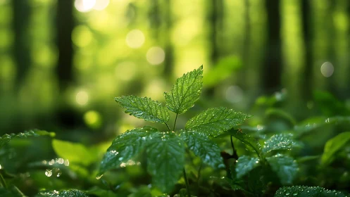 Dew-covered green leaves in sunlit forest, macro nature photography.