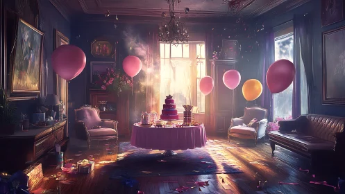 Ethereal Birthday Celebration in Baroque Interior Space.