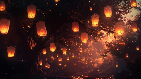 Luminous hanging lanterns illuminating dense twilight forest