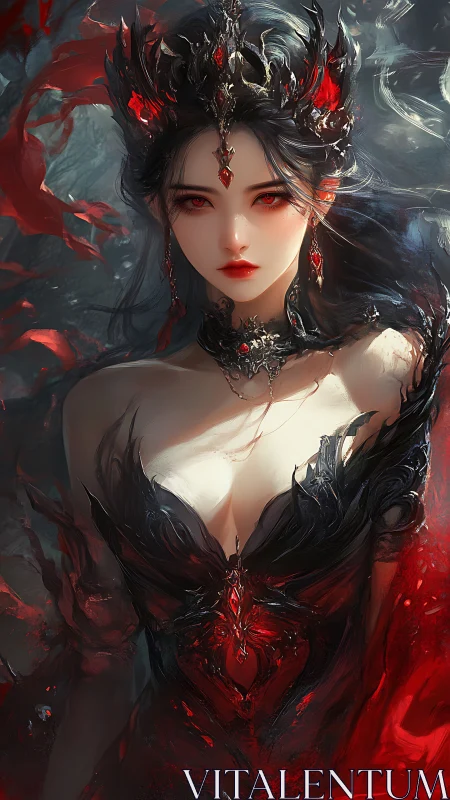 Dark queen in crimson flame armor gazes with icy calm.