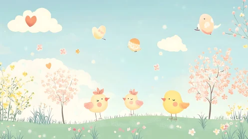 Pastel spring meadow with stylized chick flock beneath clouds