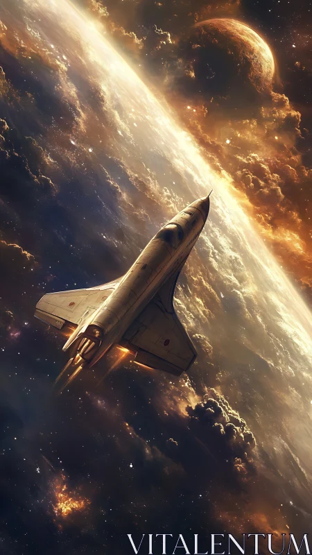 Sleek spacecraft ascending above clouded planet in light.