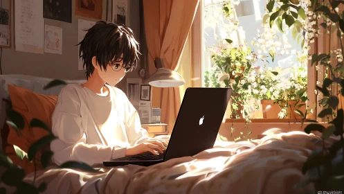 Backlit anime student types on laptop in sunlit plant-filled bedroom