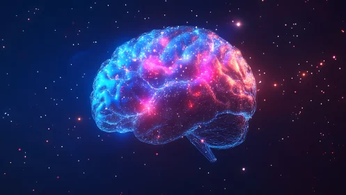 Glowing digital brain drifts through a starlit cosmic sky