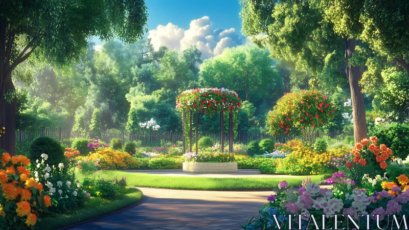 Sunlit formal garden surrounds central rose arbor in bloom