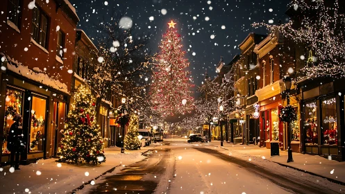 Snowy small-town street wrapped in twinkling Christmas glow.