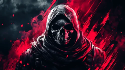 Hooded skull warrior surrounded by fierce crimson energy.