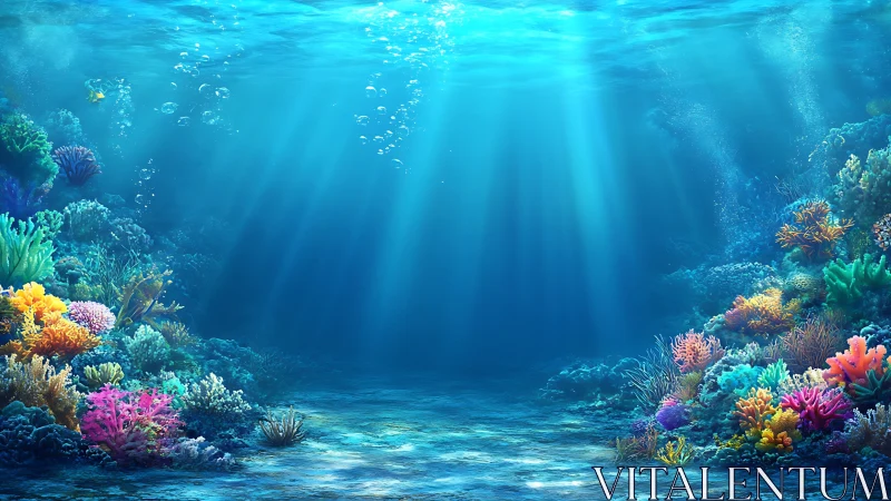 Sunlit coral reef glows beneath clear tropical waters.