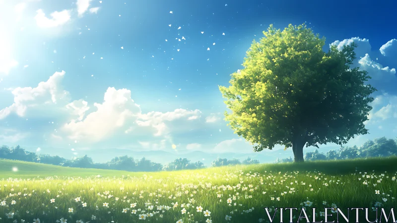 Single tree stands in sunlit meadow under clear blue sky