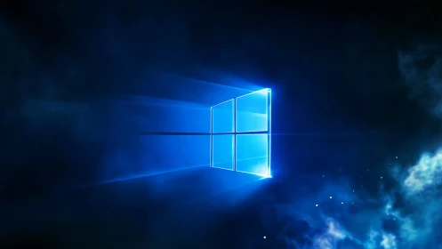 Glowing blue window logo on dark abstract space field.