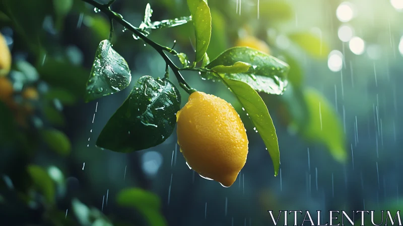 Lemon fruit and wet foliage on branch under rainfall conditions.