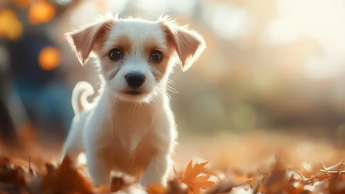 Small puppy stands on autumn leaves in warm golden light