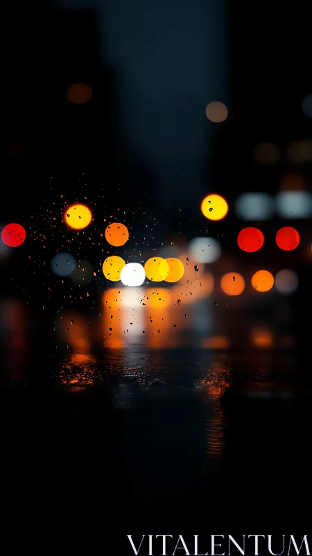 Rain-soaked city bokeh glows against deep midnight skyline.