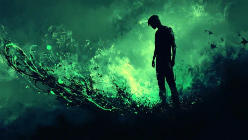 Silhouette dreamwalker adrift in neon-tide solitude.