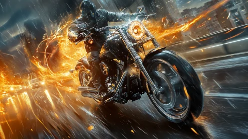 Urban night rider blazing a fiery trail through rain-soaked streets.