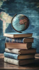 Vintage globe on stacked old books against map backdrop.