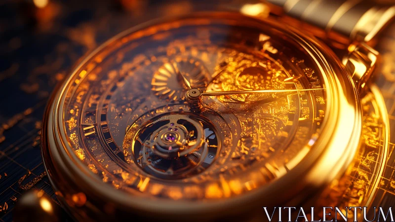 Golden pocket watch glows warmly with intricate clockwork