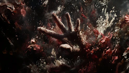 Reaching hand emerges from swirling storm of shadow and flame.