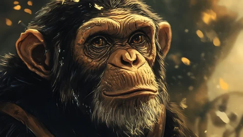 Digital portrait of wise chimpanzee in warm light.