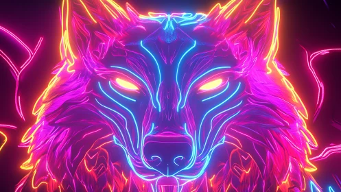 Neon outlined wolf head in saturated multicolor glow.