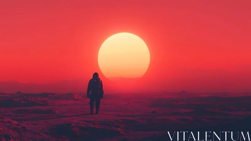 Solitary astronaut silhouetted against oversized red sun
