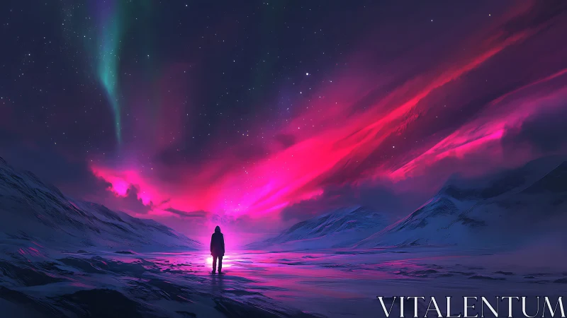 Lone figure under vivid pink aurora in icy mountain valley.