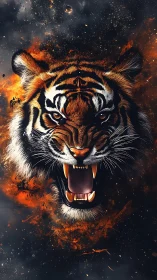 Tiger head digitally rendered amid dispersed fiery particles