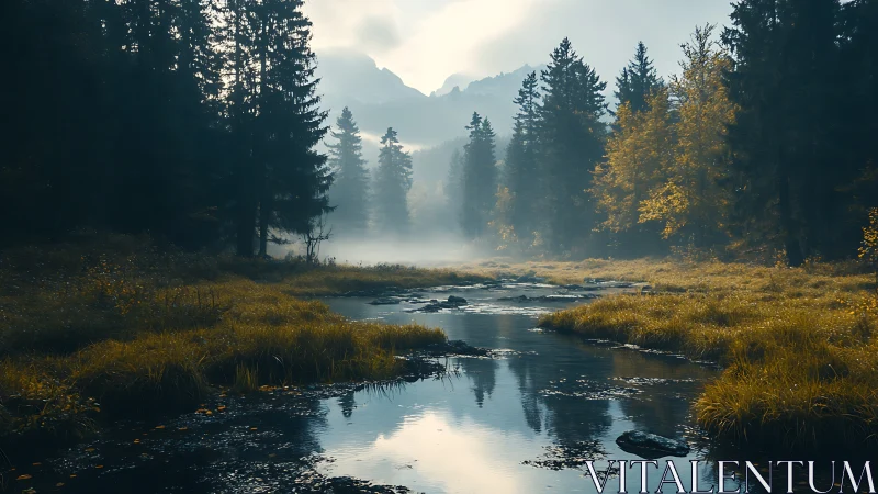 Alpine River Valley with Coniferous Forest Ecosystem and Morning Mist