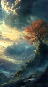 Lone autumn tree crowns misty mountains under storm clouds