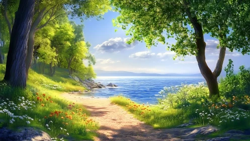 Sunlit forest path opening onto a calm, sparkling lake shore.