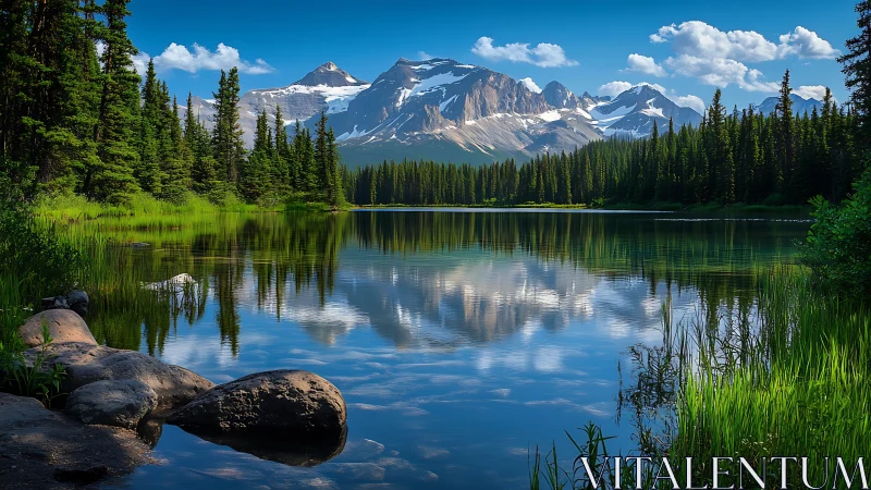 Snow-capped mountain range mirrored in calm alpine lake surface