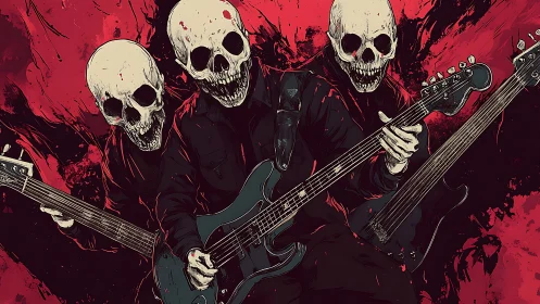 Skull-headed guitarists in stylized red and black scene.
