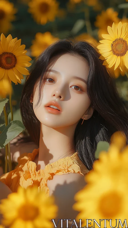 Photorealistic portrait amid sunflowers with warm bokeh field.