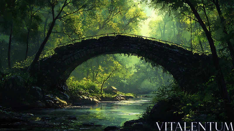 Sunlit stone bridge spans a tranquil forest river at dawn