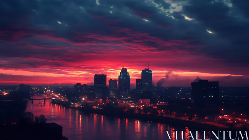 Crimson sunrise over a quiet riverside skyline.
