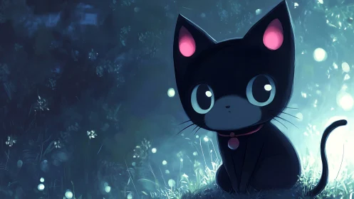 Sweet moonlit black kitten waiting softly in the grass.