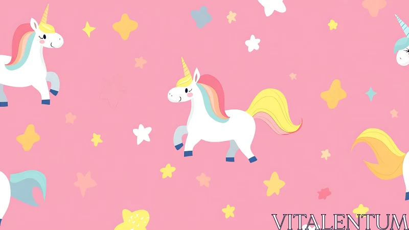 Gentle rainbow unicorn parade on a soft pink sky backdrop.