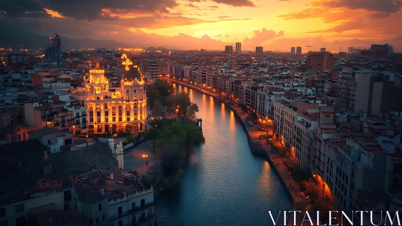 Sunset illuminates riverfront cityscape with glowing lights.